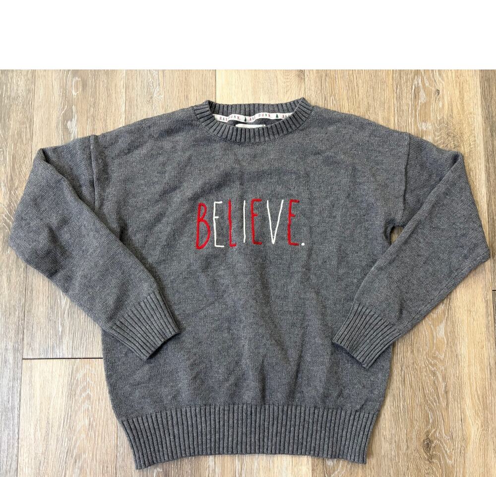 Rae Dunn Believe Sweater Gray Medium Holiday Pullover Cozy Knit
